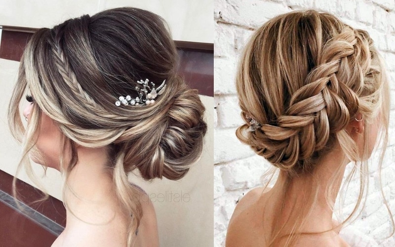Low bun with braid and highlights