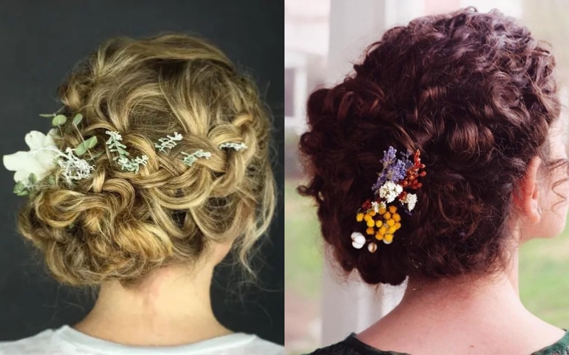 Braided curly updo with flowers