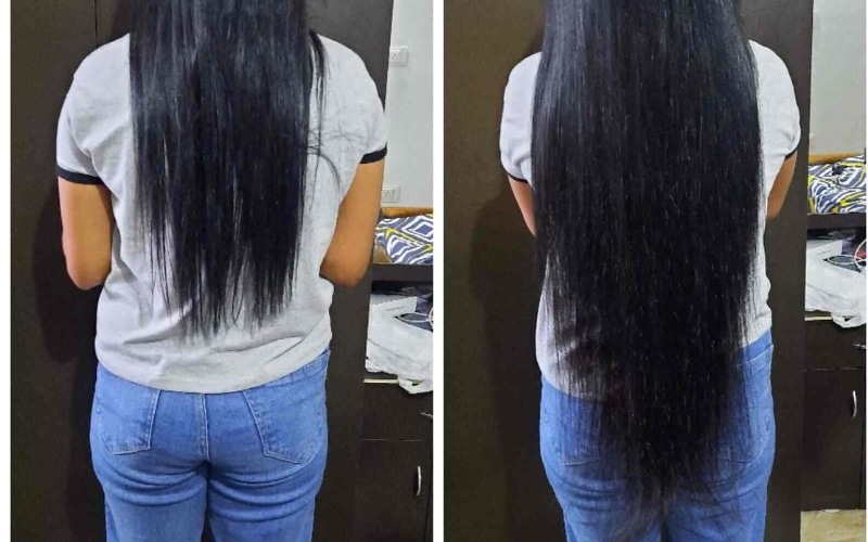 Long hair before and after using hair extensions